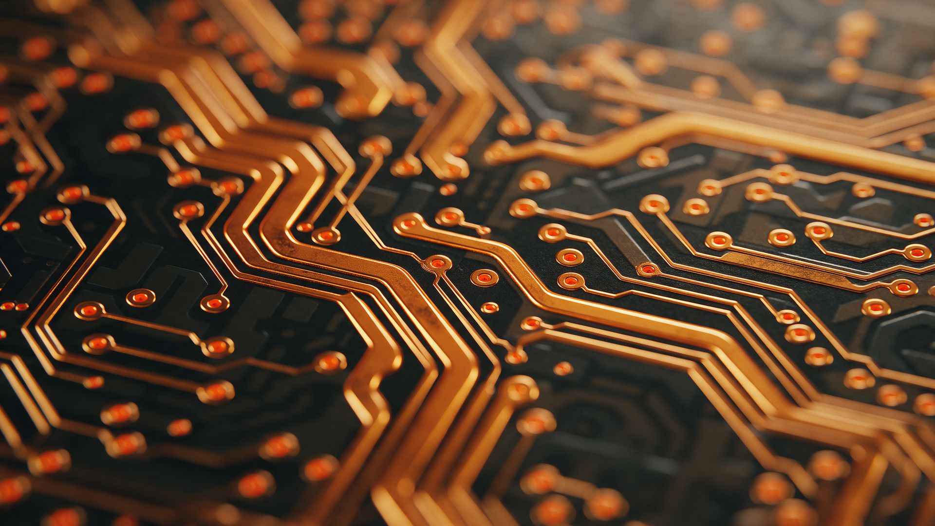Macro of amber and copper circuit-board traces, the MC Electrical signature